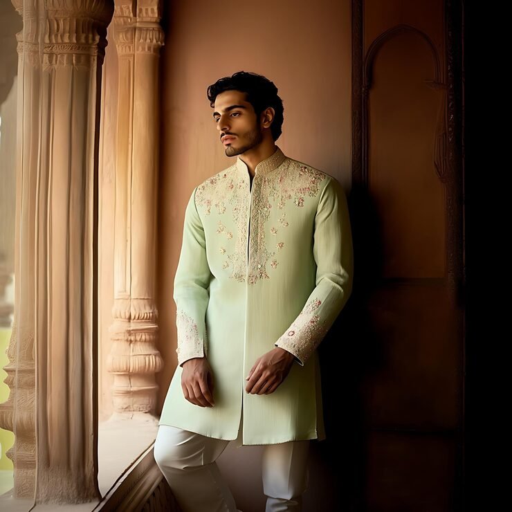 arafed-man-green-sherwani-standing-by-window_1034068-107929